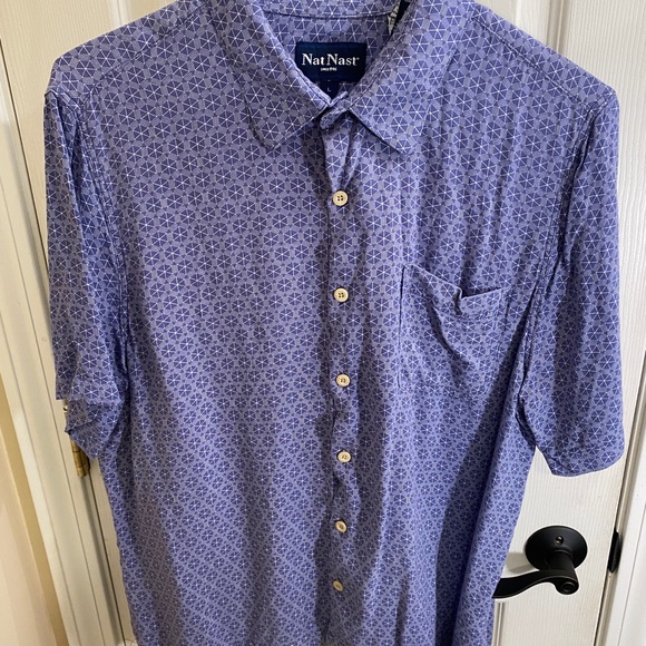 NAT NAST Luxury Originals Blue Geometric Button Up Shirt Pocket Rayon Mens Large - Picture 9 of 9